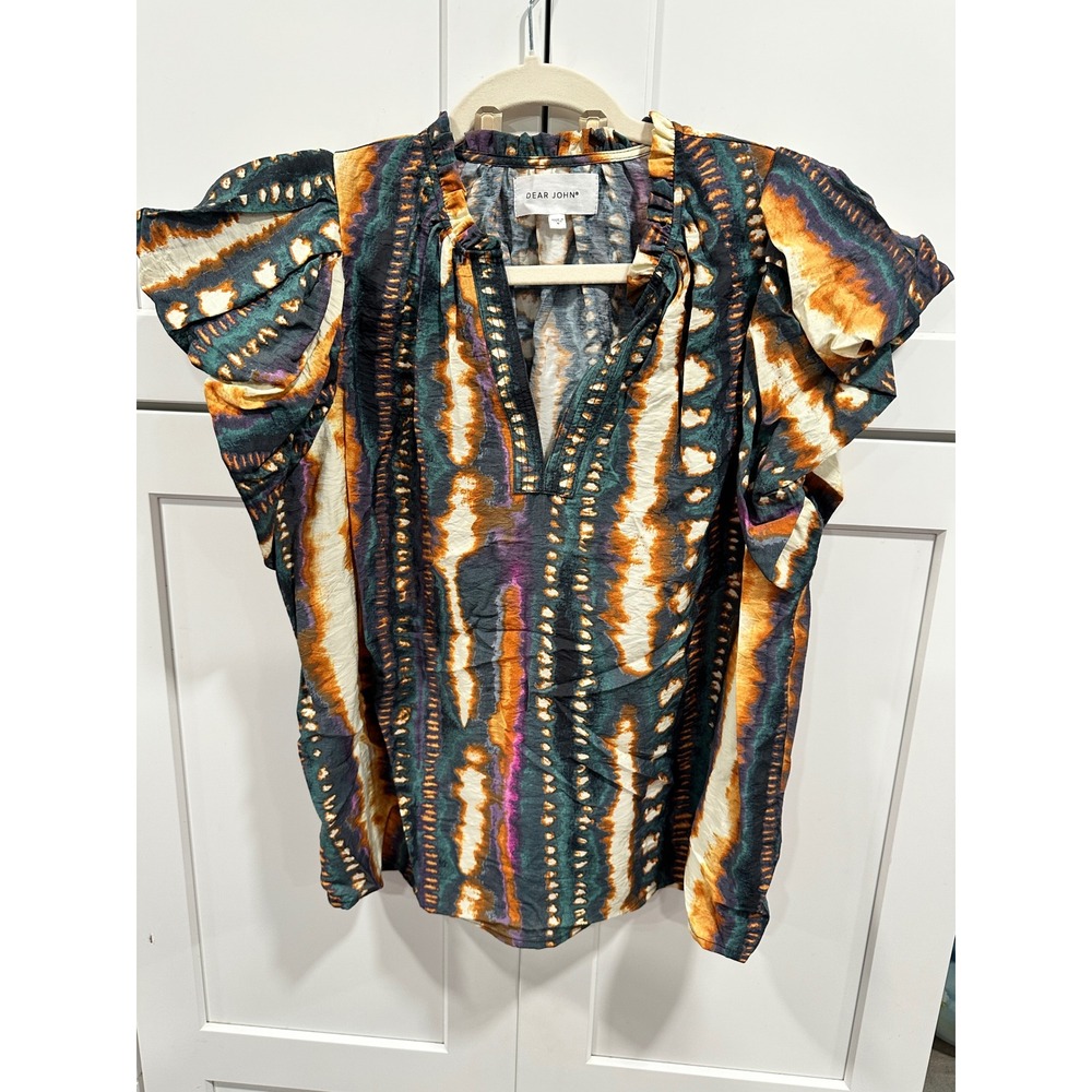 Dear John Womens Multi Color Batik Print Flutter Sleeve Blouse DSH1416HED Small